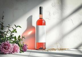 ai generado Rosa vino, botella de Rosa vino con blanco etiqueta y flores en natural luz, Bosquejo foto