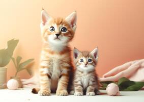 cat sitting with kitten, cute little kittens on floor, selective focus. photo