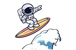 linda astronauta surf en el playa con montando grande olas dibujos animados vector icono ilustración. Ciencias comida icono concepto aislado prima vector. plano dibujos animados estilo