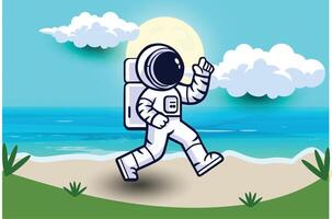 Cute Astronaut Cartoon walking on the beach with a beach background, Vector Icon Illustration. Science Food Icon Concept Isolated Premium Vector. Flat Cartoon Style