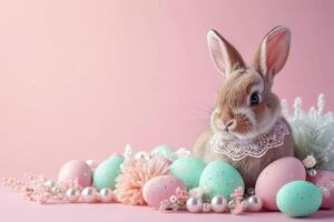 ai generado Pascua de Resurrección conejito adornado con cordón y perlas en pálido rosado antecedentes foto