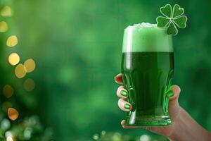 AI generated Hand holding green beer glass on St. Patrick's Day  bokeh background photo