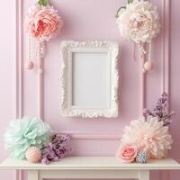 AI generated Blank white picture frame mock up hanging on pink wall photo