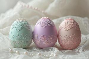 ai generado Pascua de Resurrección huevos adornado con cordón y perlas en blanco cordón antecedentes foto