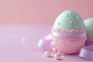 AI generated Easter eggs adorned with lace and pearls on pale pink background photo