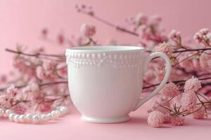 ai generado blanco té taza rodeado por flores en rosado antecedentes en coqueta estilo foto