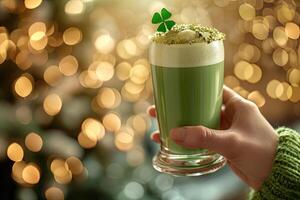 AI generated Hand holding green tea latte glass on St. Patrick's Day  bokeh background photo