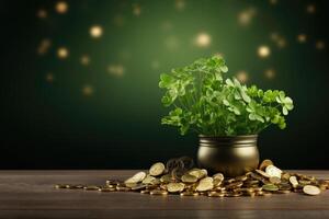 AI generated St. Patrick's Day golden coins on green bokeh background photo