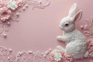 AI generated Easter bunny adorned with lace and pearls on pale pink background photo