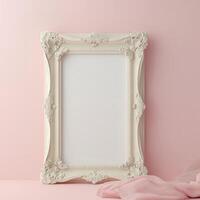 AI generated Blank white picture frame mock up hanging on pink wall photo