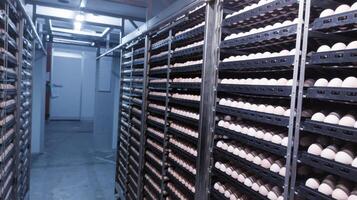 Technology of hatchery incubation machine for eggs chicken, chicken born process on the hatchery production. hatching eggs on the incubation machine. photo