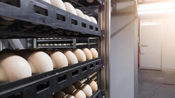 tecnología de criadero incubación máquina para huevos pollo, pollo nacido proceso en el criadero producción. eclosión huevos en el incubación máquina. foto