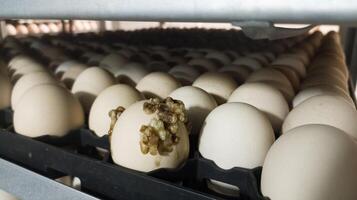 The explode eggs on the tray trolley.The egg explodes in the tray because of bacteria or fungi that enter the eggshell. Eggs explode because they are exposed to bacteria. photo