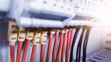 Wiring cables connection terminal control electrical with a have tag number. Electrical circuit technology background concept. photo
