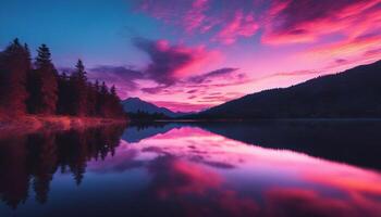 ai generado hermosa rosado nublado puesta de sol terminado un todavía montaña lago, dramático colores fotografía foto