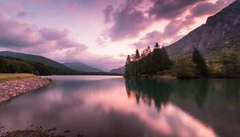 AI generated Beautiful pink cloudy sunset over a still mountain lake, dramatic colors photograph photo