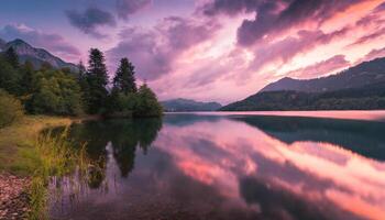 ai generado hermosa rosado nublado puesta de sol terminado un todavía montaña lago, dramático colores fotografía foto