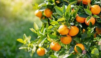 ai generado agrios ramas con orgánico maduro Fresco naranjas mandarinas creciente en ramas con verde salir antecedentes foto