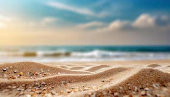 AI generated Close up sand with blurred sea sky background, summer day, copy space or for product. Summer photo