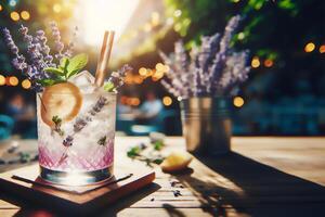 AI generated Stunning Lavender cocktail Purple drink in a glass on white background with ice and lavender flowers. Iced cold summer drink, lemonade. photo