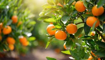 AI generated Citrus branches with organic ripe fresh oranges tangerines growing on branches with green leave background photo