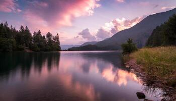 ai generado hermosa rosado nublado puesta de sol terminado un todavía montaña lago, dramático colores fotografía foto