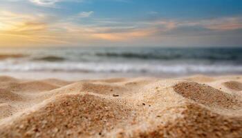 AI generated Close up sand with blurred sea sky background, summer day, copy space or for product. Summer photo