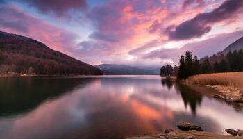 ai generado hermosa rosado nublado puesta de sol terminado un todavía montaña lago, dramático colores fotografía foto