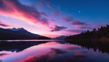 ai generado hermosa rosado nublado puesta de sol terminado un todavía montaña lago, dramático colores fotografía foto