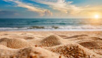 ai generado cerca arriba arena con borroso mar cielo fondo, verano día, Copiar espacio o para producto. verano foto