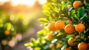 ai generado agrios ramas con orgánico maduro Fresco naranjas mandarinas creciente en ramas con verde salir antecedentes foto