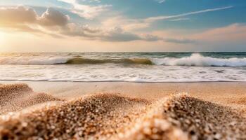 AI generated Close up sand with blurred sea sky background, summer day, copy space or for product. Summer photo