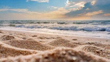 AI generated Close up sand with blurred sea sky background, summer day, copy space or for product. Summer photo