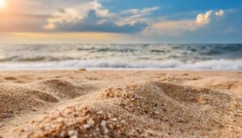 AI generated Close up sand with blurred sea sky background, summer day, copy space or for product. Summer photo