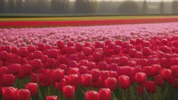 AI generated Pink tulip field background. Spring blossoming landscape photo