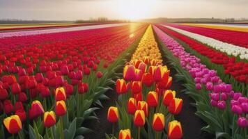 AI generated Colors tulip field background. Spring blossoming landscape photo