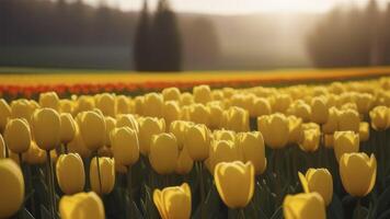 AI generated Yellow tulip field background. Spring blossoming landscape photo