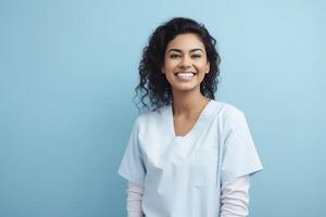 AI generated Portrait of happy young female doctor wearing uniform and smiling with arms crossed photo