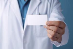 AI generated Man doctor hand holds empty white card with mockup photo