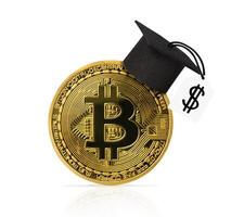 Golden Bitcoin coin with graduation cap isolated on white background. Learning cryptocurrency. Financial literacy. photo