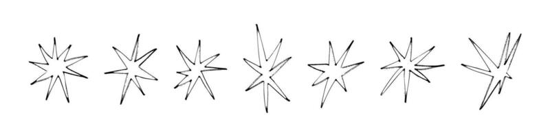 Hand drawn star icons with crayon and pastel lines. Doodle and sketch elements. Flat vector illustration isolated on white background.