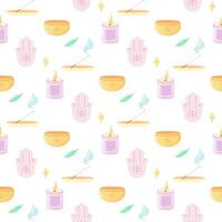 Seamless pattern of yoga, aromatherapy, meditation, incense and singing bowls. For your fabric or design Seamless pattern of yoga, aromatherapy, meditation, incense and singing bowls. vector