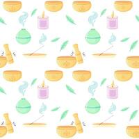 Seamless pattern of yoga, aromatherapy, meditation, incense and singing bowls. For your fabric or design Seamless pattern of yoga, aromatherapy, meditation, incense and singing bowls. vector