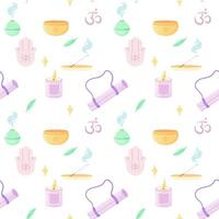 Seamless pattern of yoga, aromatherapy, meditation, incense and singing bowls. For your fabric or design Seamless pattern of yoga, aromatherapy, meditation, incense and singing bowls. For your fabric vector