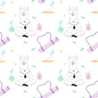 Seamless pattern of meditating llama with mat, aromateriapia. For your fabric or design vector