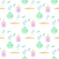 Seamless pattern of yoga, aromatherapy, meditation, incense and singing bowls. For your fabric or design Seamless pattern of yoga, aromatherapy, meditation, incense and singing bowls. vector