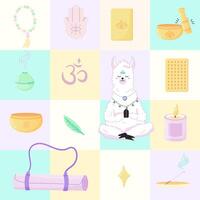 Seamless pattern of yoga lamas, meditations and singing bowls. For your fabric or design vector