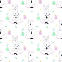 Seamless pattern of meditating llama with mat, aromateriapia. For your fabric or design vector