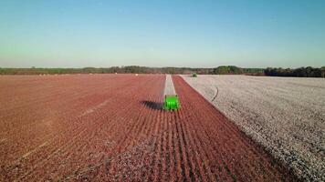 Textile industry concept. Green combine tractor harvesting cotton on a farm in US video