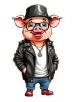 ai generiert süß Karikatur Schwein im ein Leder Jacke und Hut auf transparent Hintergrund png